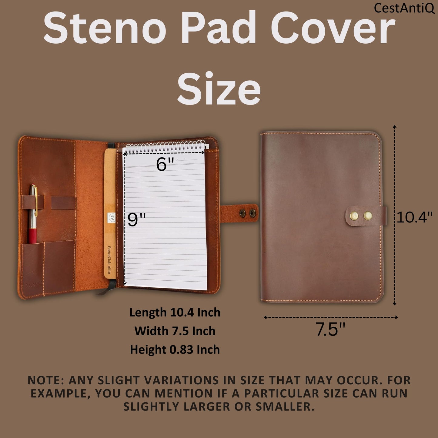 CestAntiQ Rustic Leather Journal Cover | Handmade 6x9 Spiral Steno Pad Holder | Full-Grain Top-Bound Notebook Sleeve & Refillable Cahier Cover (Brown)