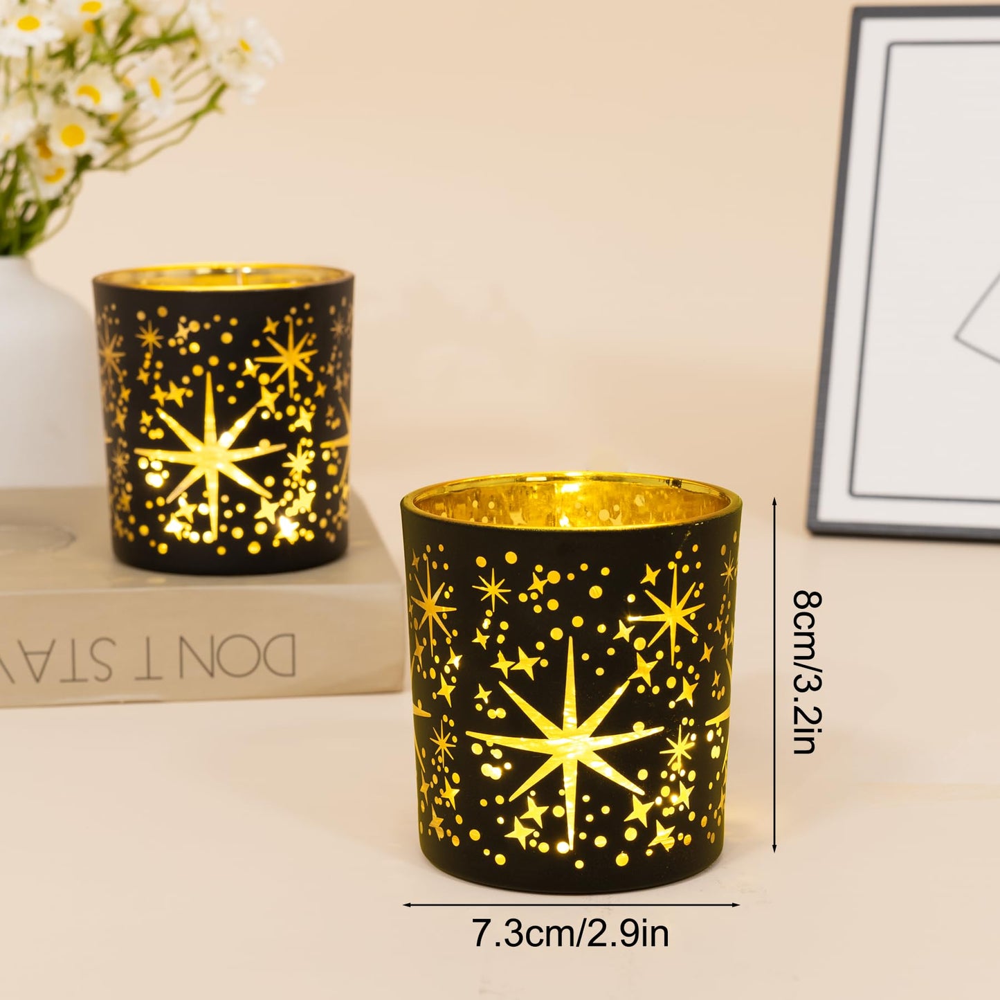 Toptime Votive Candle Holders Black and Gold, Glass Tealight Candle Holder Set of 3 with Stars Pattern, Vintage Tea Light Holders for Christmas Table Centerpiece Birthday Party Vanlentine's Day