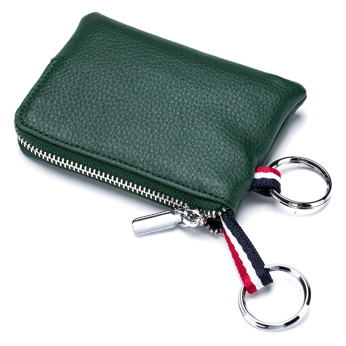 Plinvo Mini Genuine Leather Wallet Coin Purse with Dual Keyrings Compact Change Pouch and Card Holder for Men and Women (Dark green)