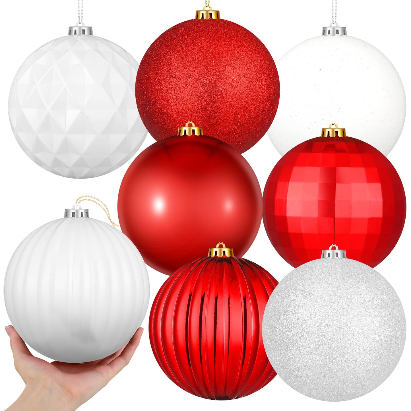 Jenaai 6 Inch Large Christmas Ball Ornaments Giant Jumbo Shiny Christmas Ornament Extra Large Balls with String and Cap for Lawn Yard Decoration(Red, White,8 Pcs)