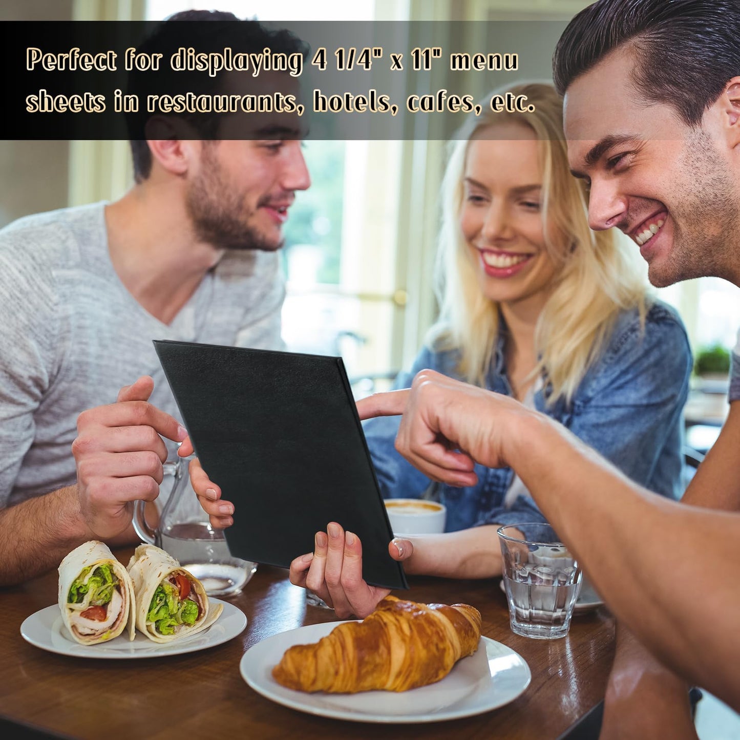 FLKQC Menu Covers 4.25" x 11" – 10 Pack 1 View Black PU Leather Restaurant Menu Holders, Single Panel with Angled Corners for Food Menus, Wine Lists & Drink Specials & Cocktail, Perfect for Parties