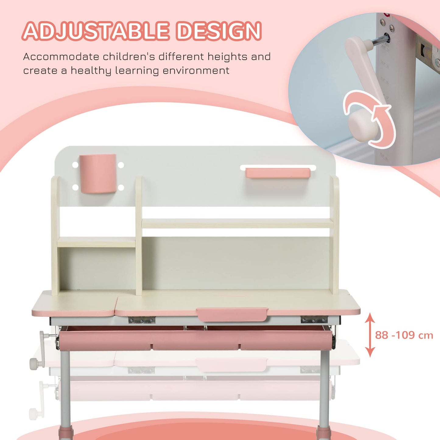Qaba Wooden Kids Study Desk, Height Adjustable Children School Study Table, Student Writing Desk with Tilt Desktop, Drawer, Storage Shelf, Pen Holder, Pink