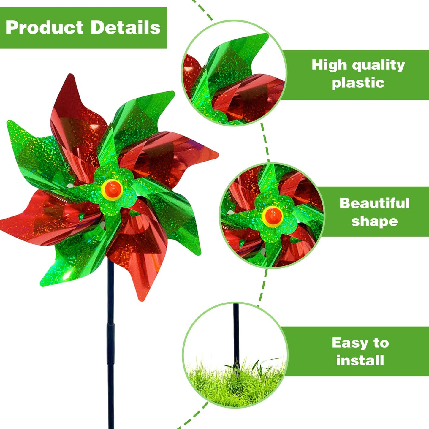 10 Pieces 21 Inches Red and Green Reflective Pinwheels with Stakes, Windmill Wind Spinners for Outdoor Garden Lawn Yard Decor, Christmas Decoration, Large Foil Pin Wheels for Bird and Animal Deterrent