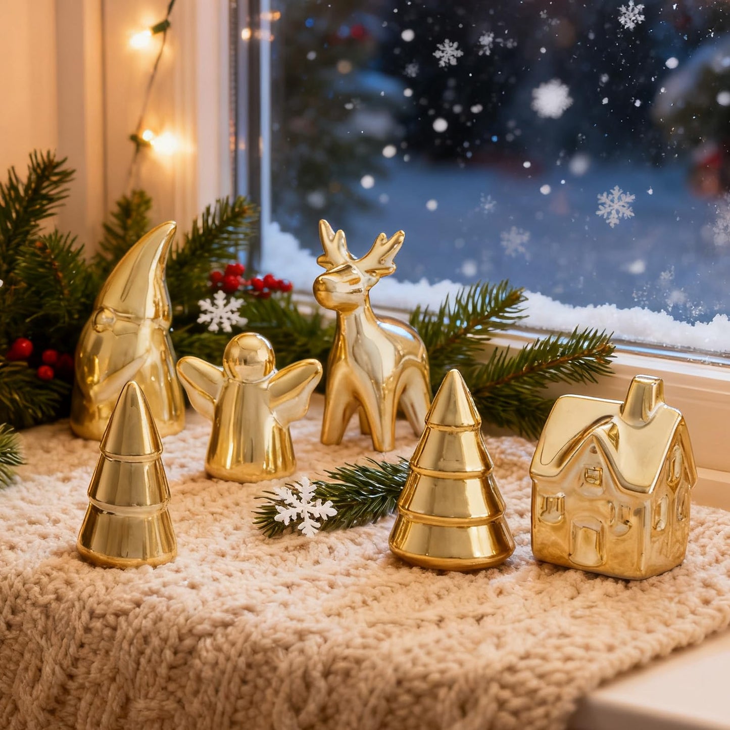 WDS WONDROUS Mini Christmas Figurines Set, 6 Pcs Miniature Christmas Village Houses Set with House, Reindeer, Trees, Angel, Santa - Mini Xmas Figurines Decor for Tiered Tray, Mantel, Centerpiece
