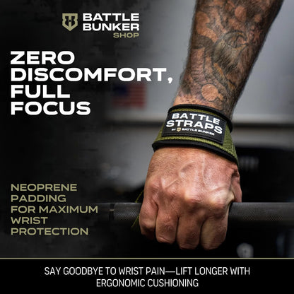 Battle Bunker Weightlifting Straps- Premium Padded Lifting Strap for Superior Grip & Comfort- Gym Straps for Deadlifts, Rows & Pull-Ups- Boost Strength & Reduce Grip Fatigue for Bodybuilding