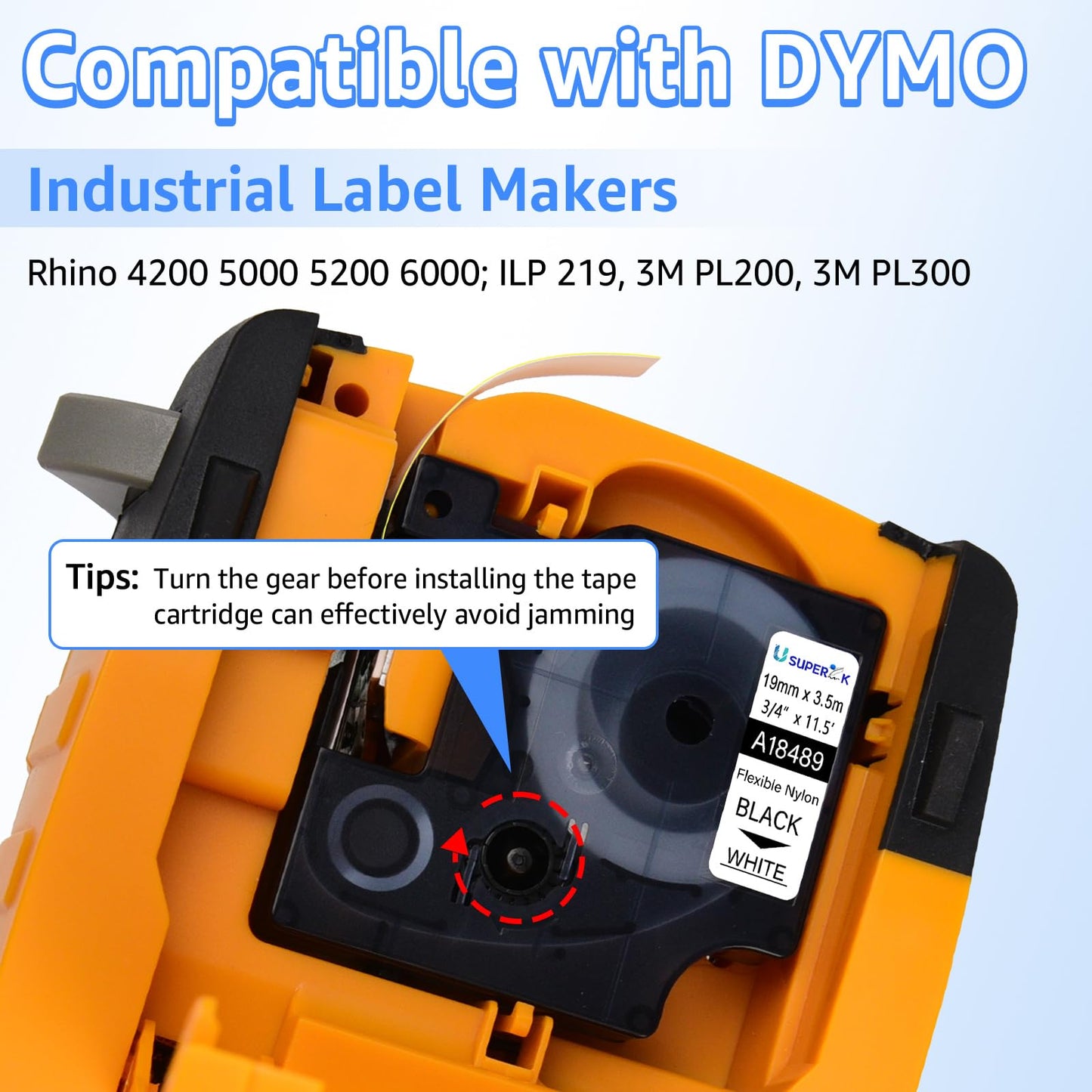 SuperInk 10 Pack 19mm Rhino Flexible Nylon Labels Compatible for Dymo Industrial 18489 Black on White Label Tape 3/4'' x 11.5ft for Cables Wires work in Rhino 4200 5200 6000 3M PL200 PL300 Label Maker