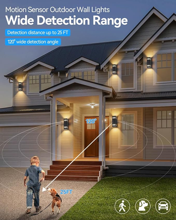 Motion Sensor Outdoor Lights, Modern Outdoor Wall Lights with E26 Base, Black Motion Detector Lights for Outside, Waterproof Sconce Exterior Lights for House Porch Front Door, Bulbs Included