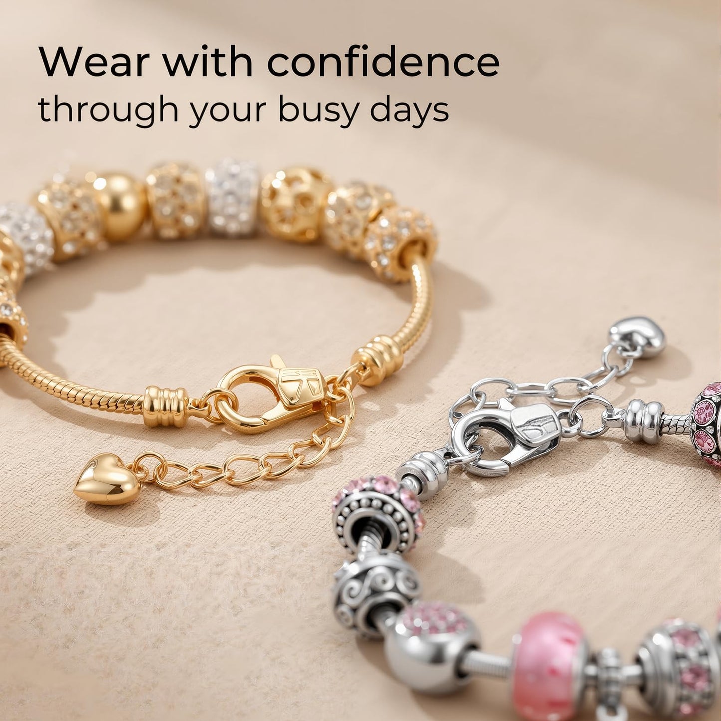 VTEAS 2 Pack Charm Bracelets Pink and Gold Heart Silver Plated Charm Bracelet, DIY Jewelry for Women Gifts, with Beads, Crystal, Charms, Love and Adjustable Snake Chain, Fits 7.5"+1.5"