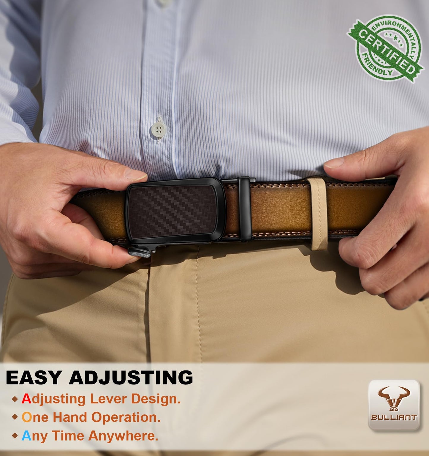BULLIANT Men's Ratchet Belt 2 Pack-Click Leather Belt Adjustable for Men Gift 1 3/8-Cut for Perfect Fit(Black/Tawny,32"-38" Waist Adjustable)