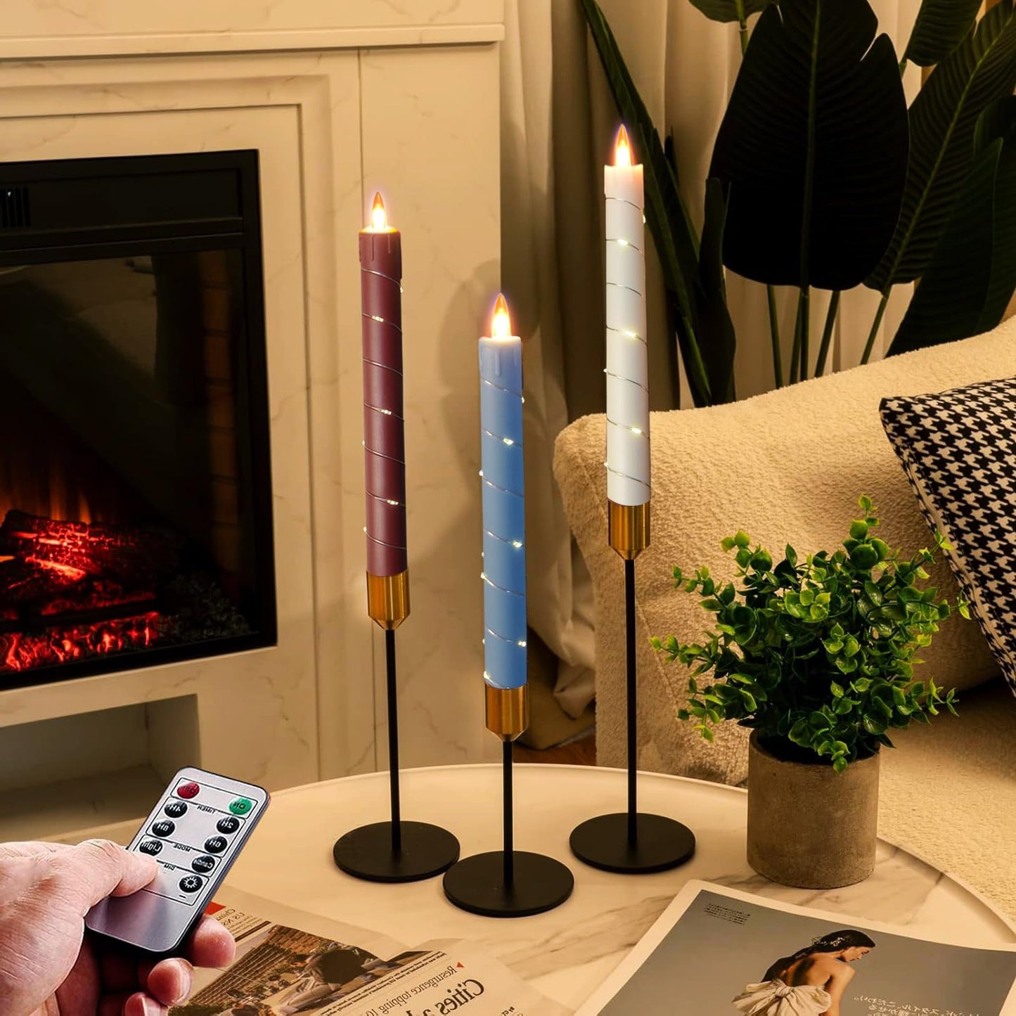 Flameless Cone Candle with Built-in Star String Light, 11-Button Remote Control, Timer, Battery Powered, Simulated Flame, 3-Pack Window Candle, Christmas Home & Wedding Decoration (White, red, Blue)