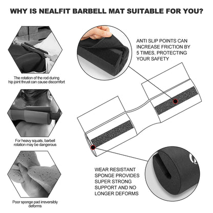 NEALFIT Barbell Squat Pad with Thick Nylon Padding, Hip Thrust Pad for Squats, Lunges, Neck Shoulder Squat Pad for Olympic or Standard Bars (Black)
