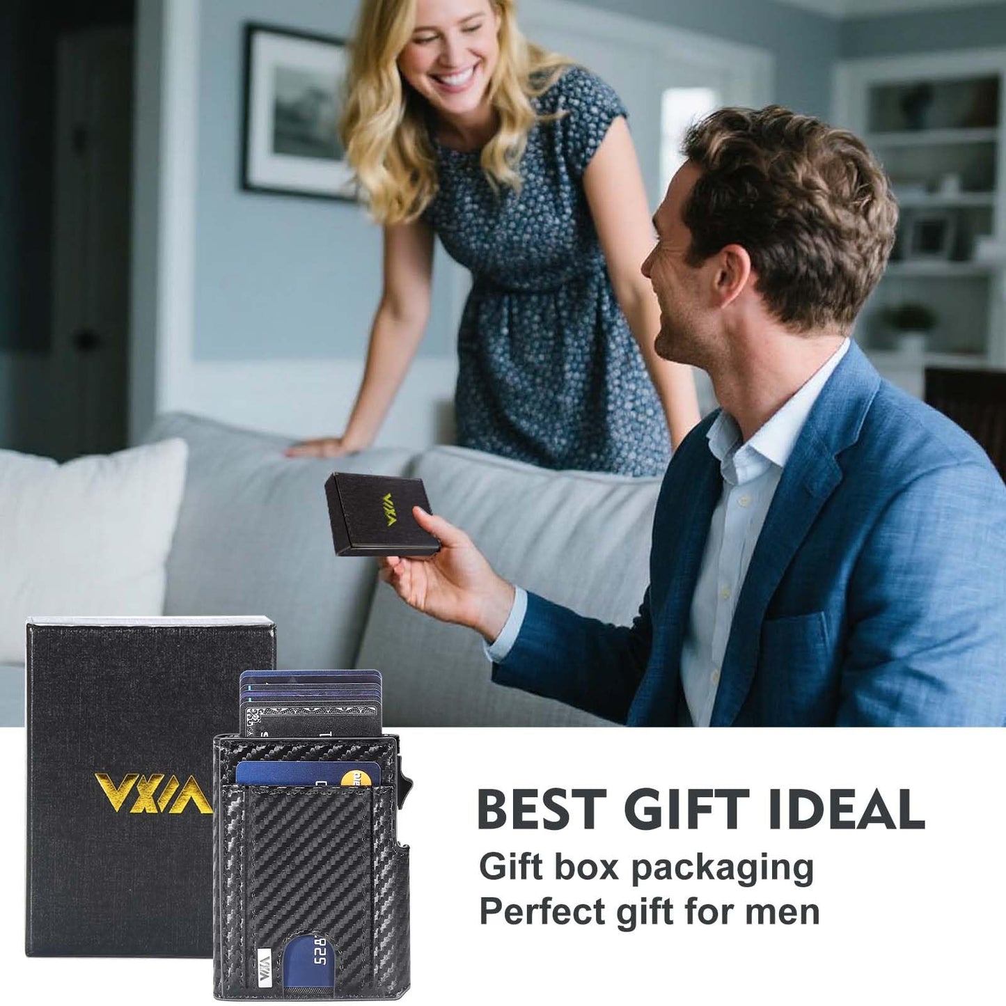 WXM Wallet for Men Pop Up Card Holder ID Window RFID Slim Wallet with Money Clip for 10-15 Cards Stretchable Credit Card Slot Magnetic Closure Compact Metal with Gift Box(Carbon Black)