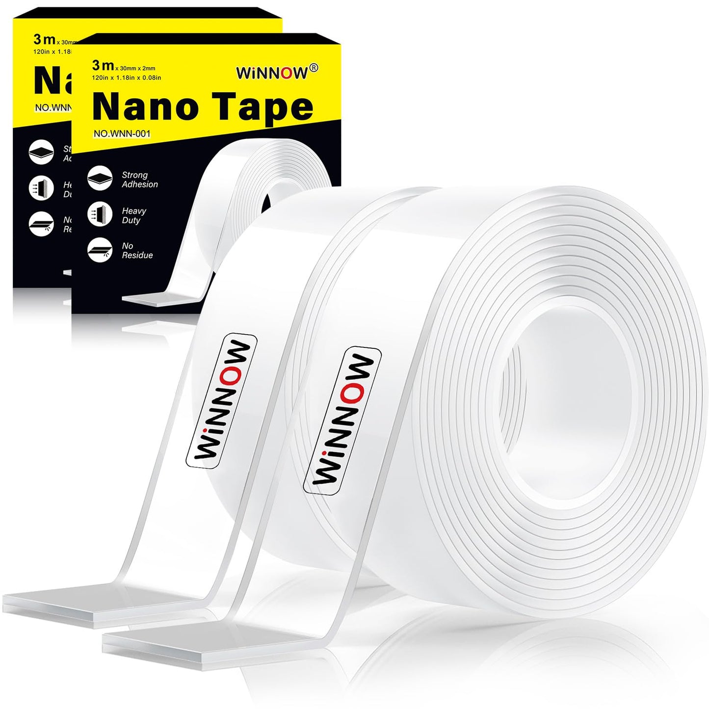 WINNOW Bulk Heavy Duty Nano Double Sided Tape (2 Rolls, 1.2"x120") - Industrial-Strength Adhesive for Student/Office/Classroom/Dormitory Facility Supplies ，Reusable & Removable Mounting Solution