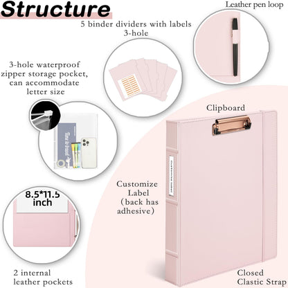 Etzul Hardcover 3 Ring 1 inch Leather Binder, Letter Size Binder Dividers with Tabs, PVC Zipper Pouch, Professional Organizer, Faux Rose Pink Leather