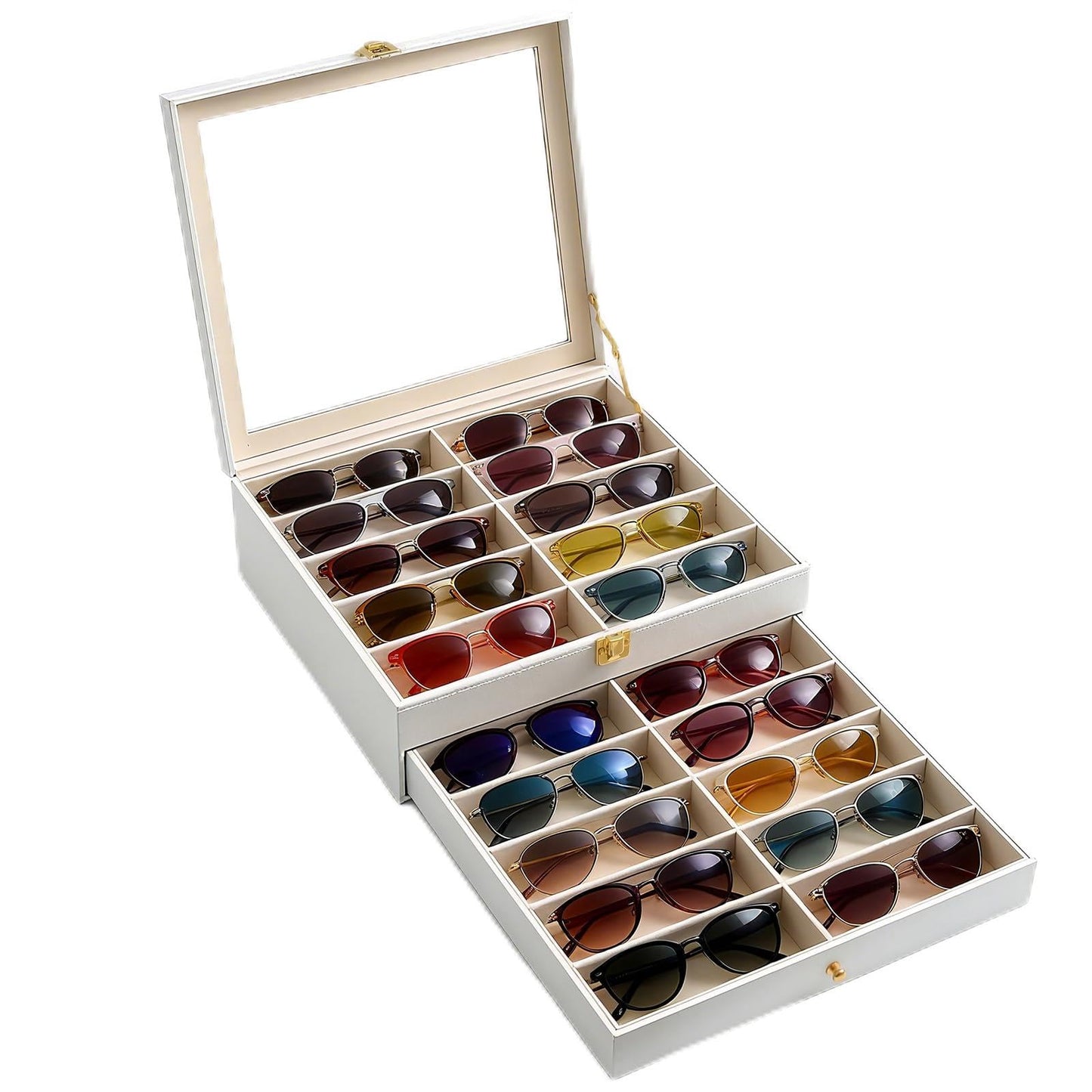 Luckybell Gifs 20 Slots PU Leather Sunglasses Organizer Jewelry Box,Multiple Pairs of Sunglasses Case Holder with Clear Lid