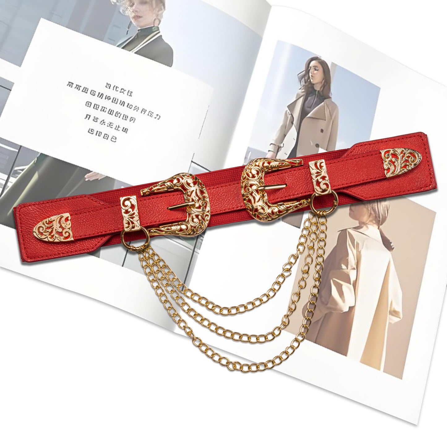 Barry.Wang Women Double Western Belt Vintage Leather Red Belt Gold Buckle Design Elastic Waist Chain Jeans Dresses Cowgirl