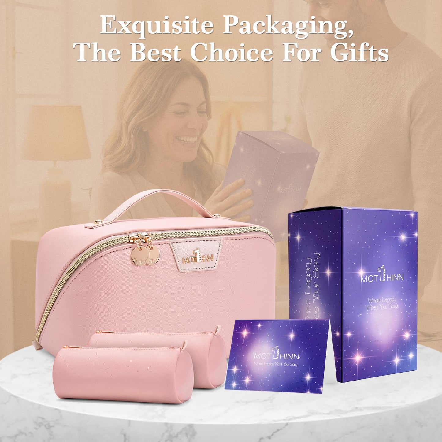 MOT HINN Travel Makeup Bag for Women: 3-in-1 Large Capacity Cosmetics Organizer with 2 Detachable Pouch - Vegan Leather Flat Open Toiletry Bag - Portable Travel Essentials for Full-Sized Bottles(Pink)