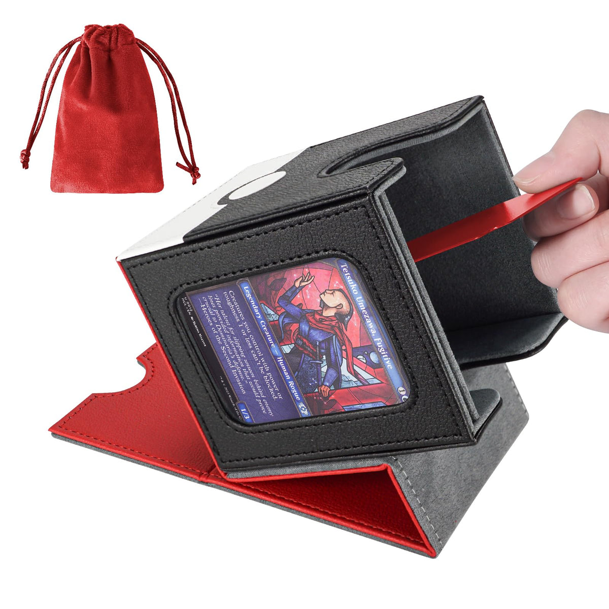 AFIING MTG Deck Box for Commander Display,Card Deck Case Fits 100 Double Sleeved Cards, Magic Commander TCG Card Storage Box with 2 Dividers,Dice Bag and 1 Toploader(Red Black)