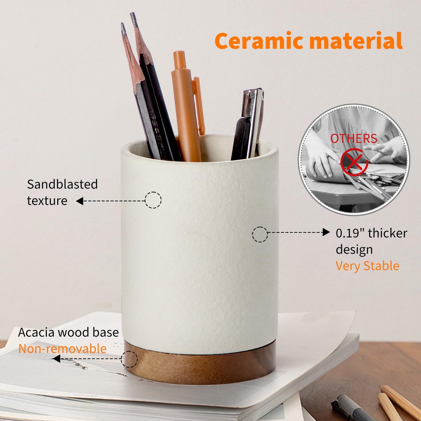 Officepal Pen Holder for Desk, Ceramic Pencil Organizer & Makeup Brush Holder, Office Decor and Desk Accessories，Perfect Office Organization,Teacher Supplies (White, Set / 1)