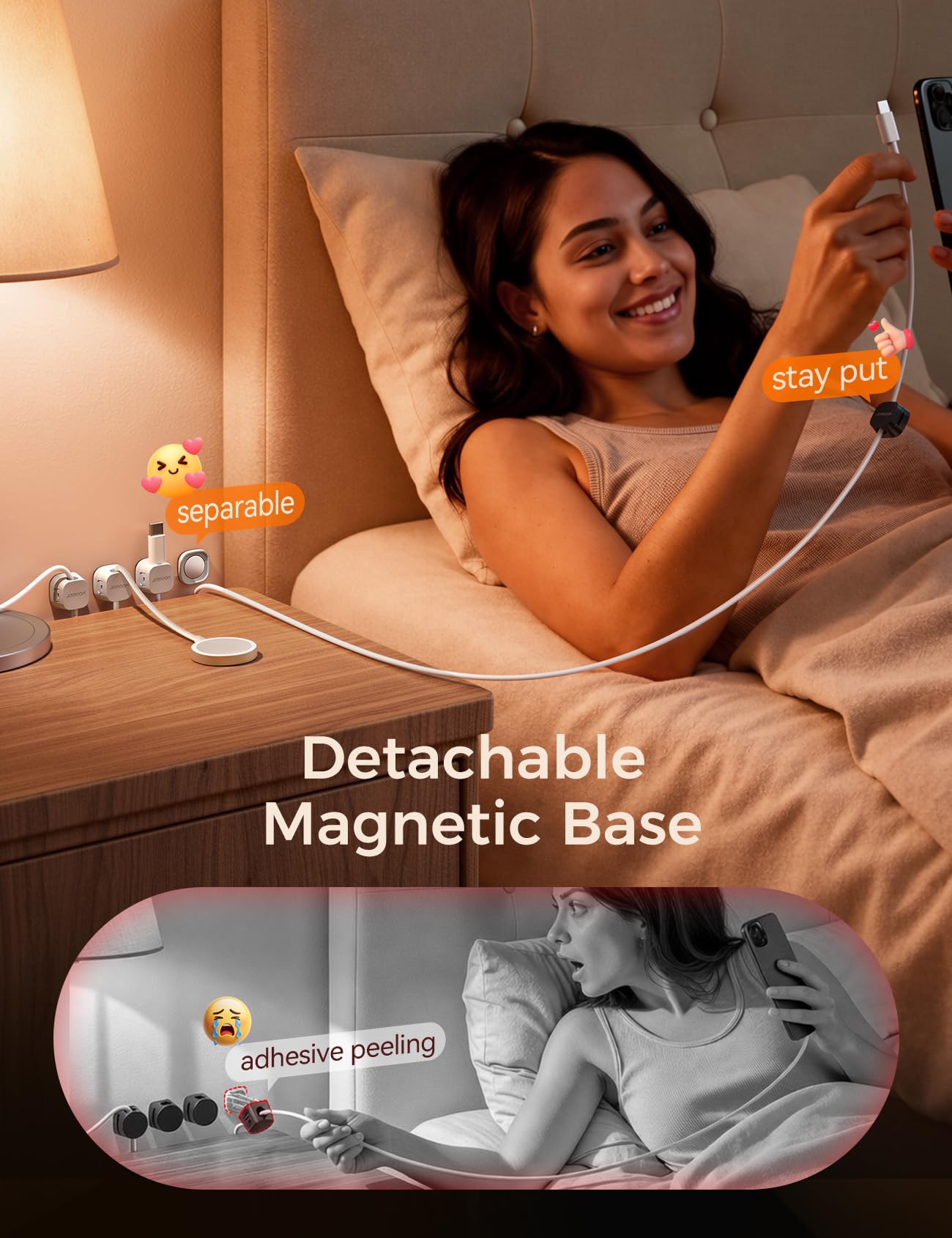 JOYROOM Detachable Magnetic Cord Organizer w/Secure Snap-Lock, 2-in-1 Adhesive& Magnetic Cable Clips, Auto-Fit Spring Management for φ1.5~8mm Cables, Under Desk Nightstand Home Office Car Wire Keeper