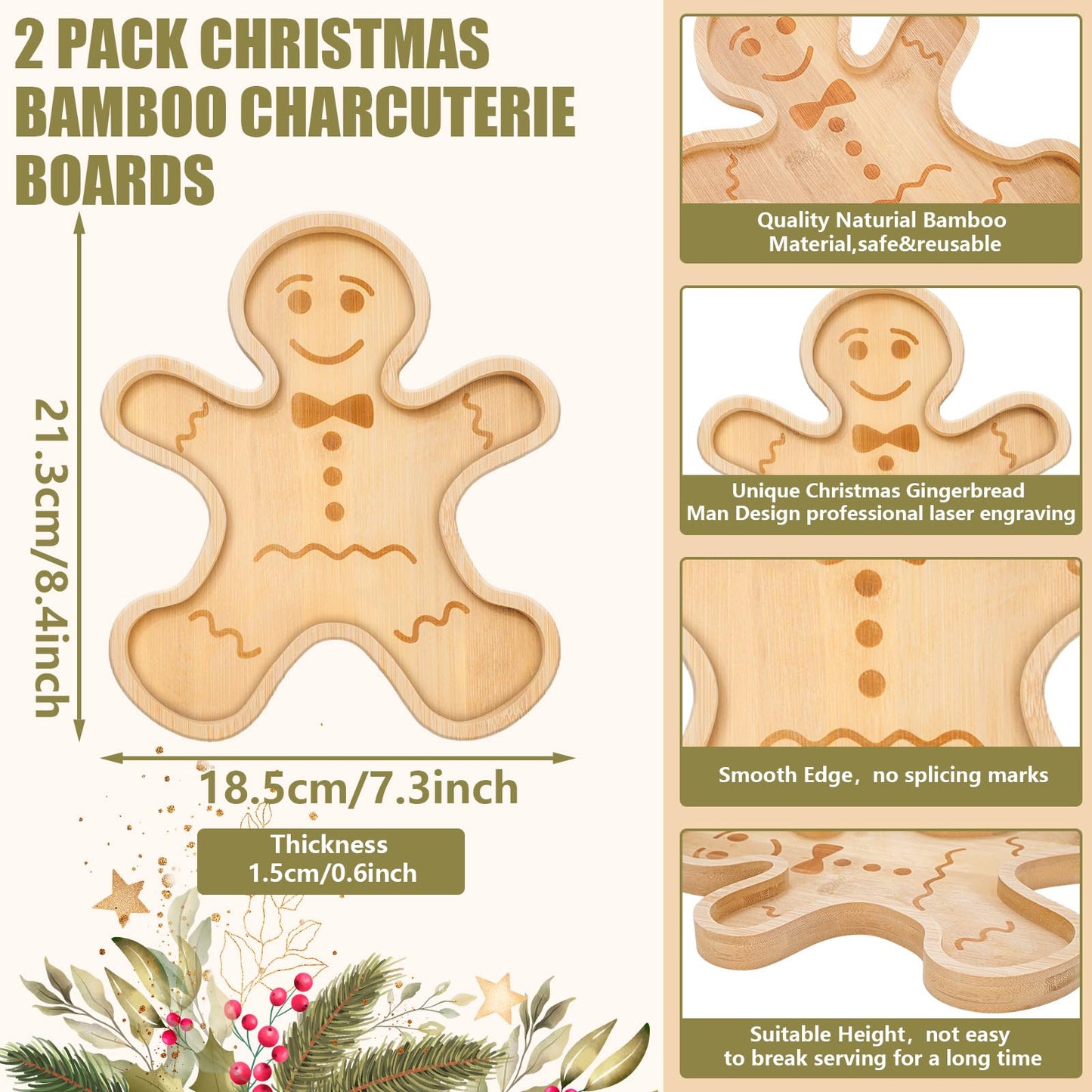 Whaline 2Pcs Christmas Charcuterie Board Gingerbread Man Serving Trays Xmas Wood Appetizer Boards Snacks Serving Platters for Home Party Supplies, 8.4 x 7.3 x 0.6 in