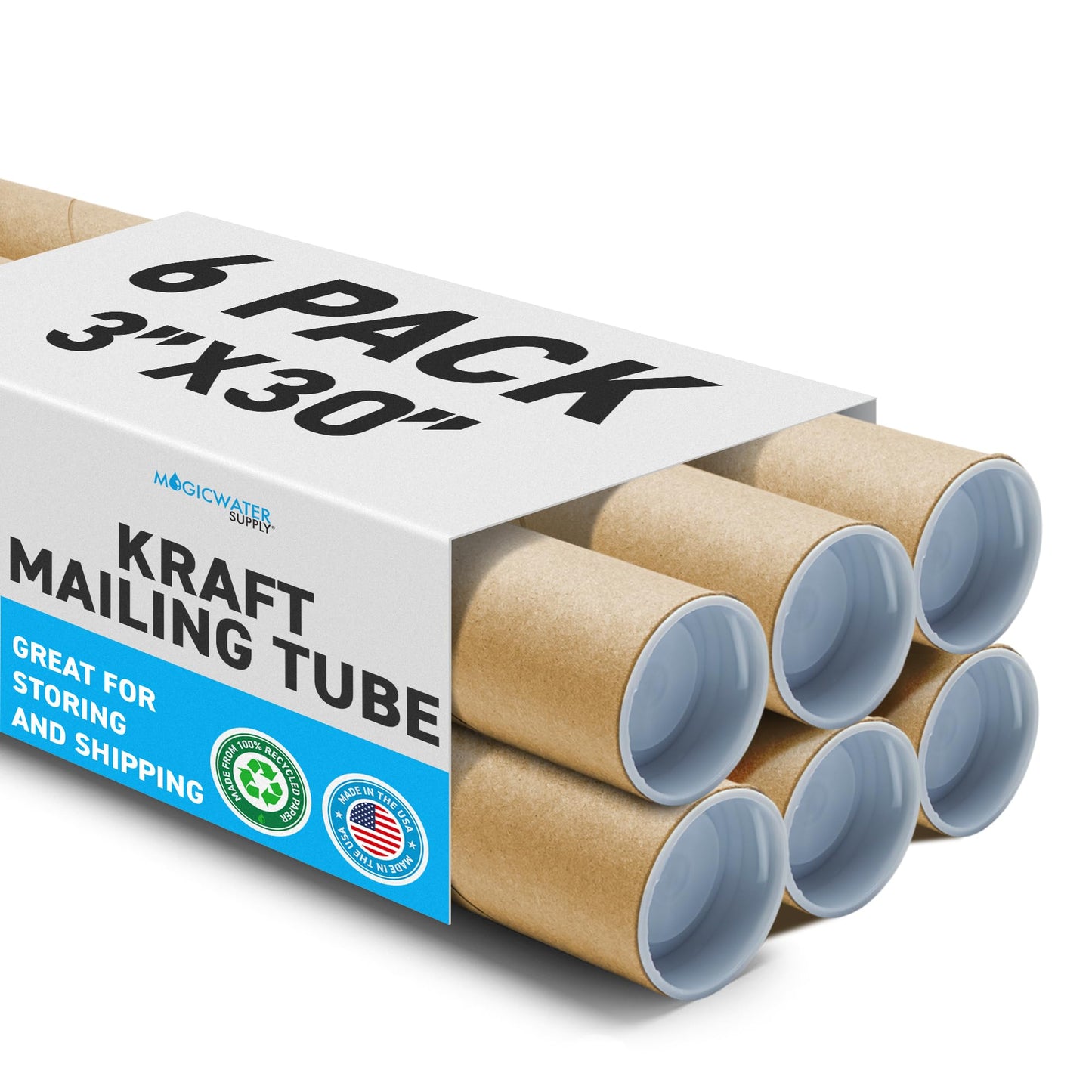 MagicWater Supply Mailing Tube - 3 in x 30 in - Kraft - 6 Pack - for Shipping and Storage of Posters, Arts, Crafts, and Documents