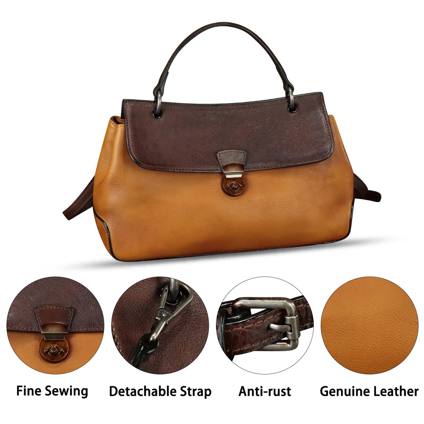 Genuine Leather Satchel for Women Vintage Leather Handbag Top Handle Bags Handmade Retro Purse Crossbody Bag (Brown+Coffee Flap)