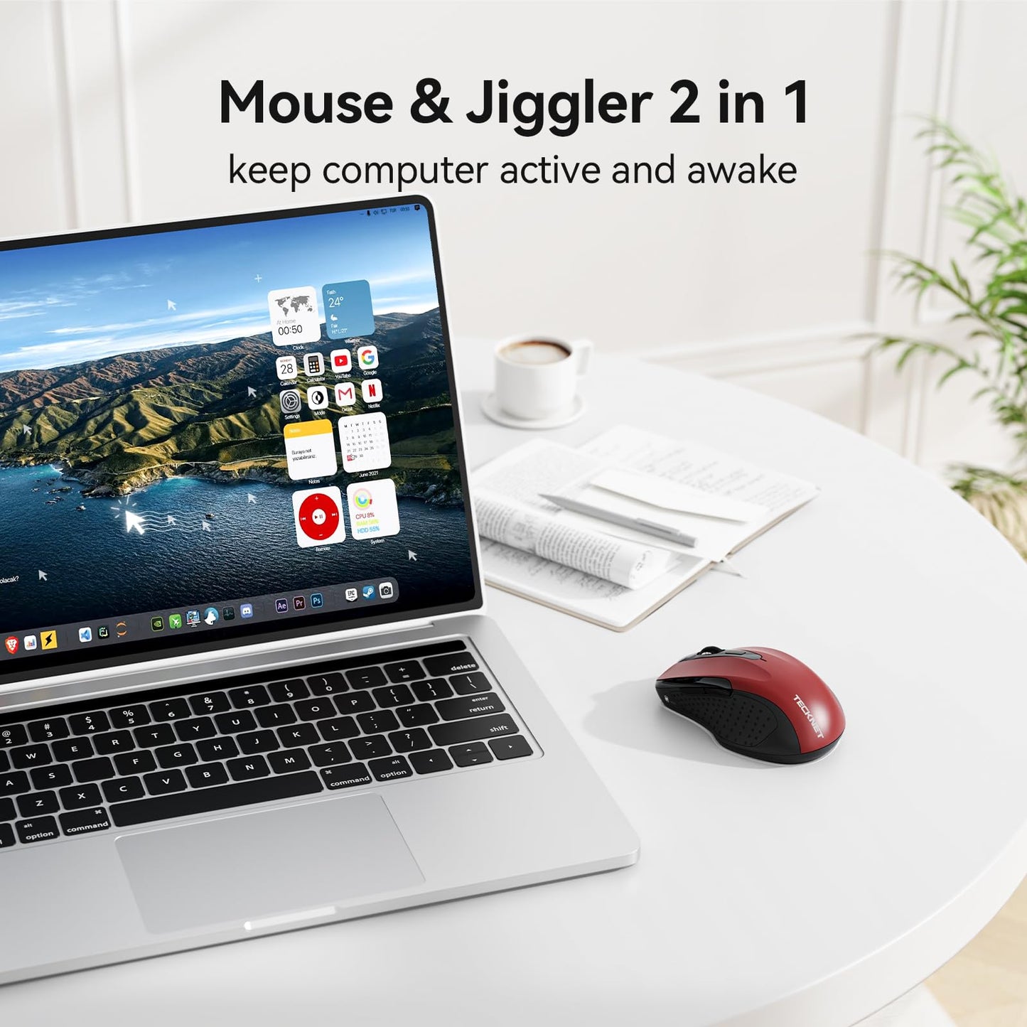 TECKNET Rechargeable Jiggler Wireless Mouse (BT5.0/3.0 & 2.4G) 4800 DPI Silent USB A & Bluetooth Mouse 6 Buttons, Wide Compatibility - Black