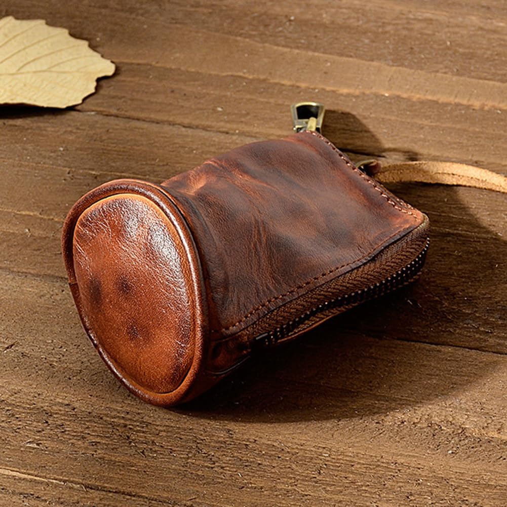 Yzikema 1 Pcs Leather Mini Medieval Pouch Keychain, Coin Organizer, Change Holder,Card Case, Genuine Leather Zipper Storage Bag for Men & Women
