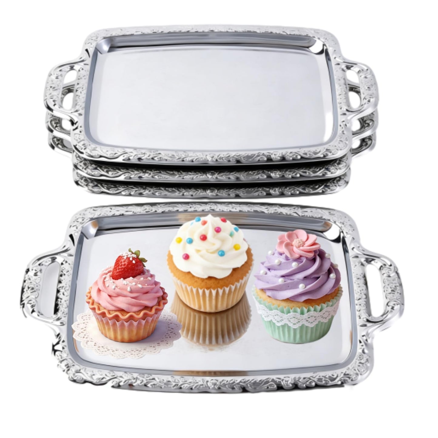 CiCixixi 4-Pack 15.75" x 9" Large Silver Serving Trays with Handle Floral Engraved Stainless Steel Platters for Buffet Wedding Party Jewelry Decorative Mirror Tray for Christmas