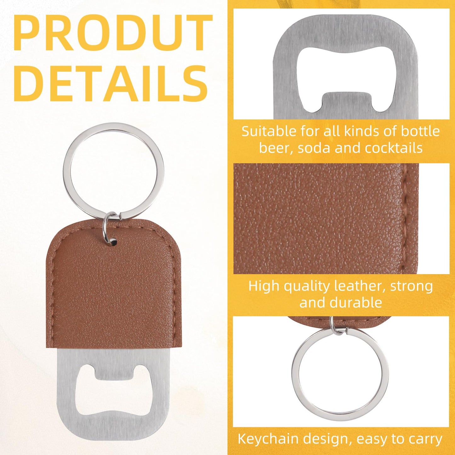 Yugada 100 Pack Leather Bottle Opener Keychain Stainless Steel Flat Beer Opener Keychain DIY Beverage Beer Bottle Openers for Party Favor Bartender Bar Restaurant