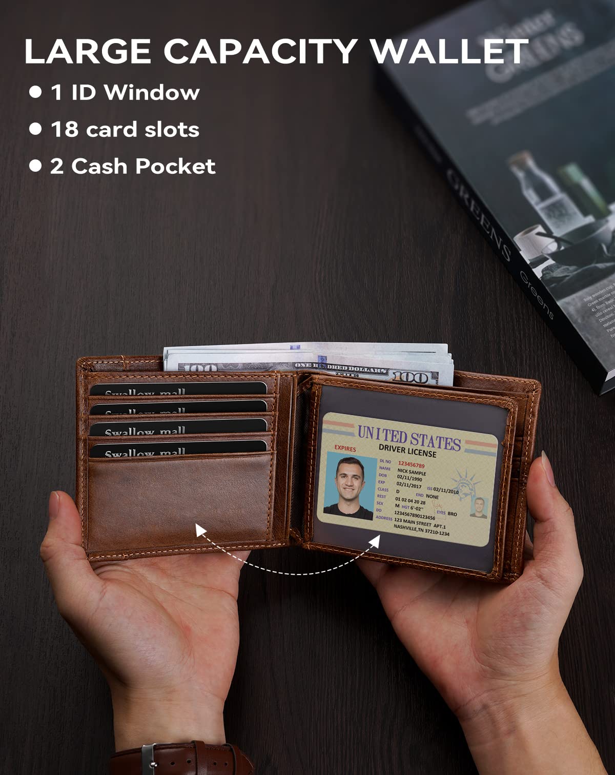 Swallowmall Leather Wallet for Mens Genuine Leather RFID Blocking Bifold Wallets with 1 ID Window 15 Card Slots