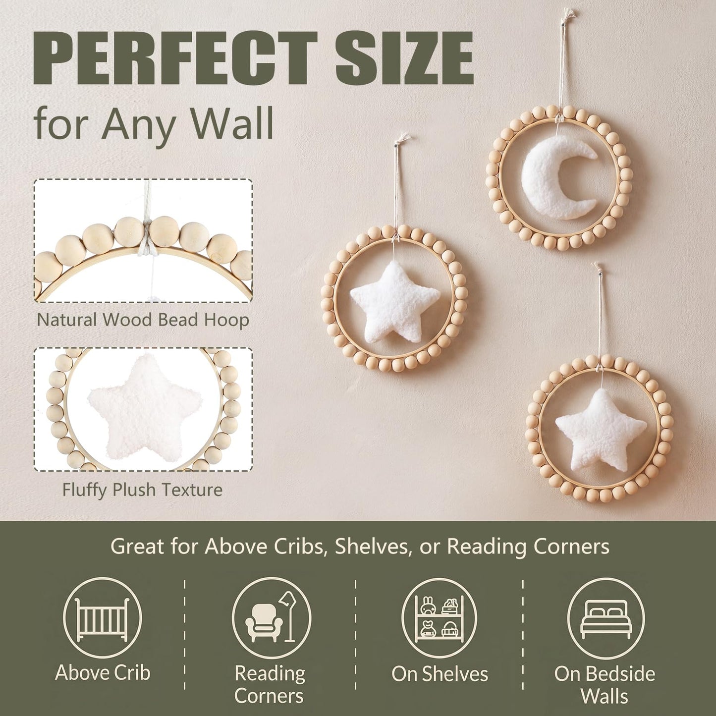 Wenqik 3 Pcs Boho Moon and Stars Wall Decor Nursery Wall Decors Wooden Bead Garland with Felt Centerpieces for Nursery, Farmhouse Style Hanging Decoration