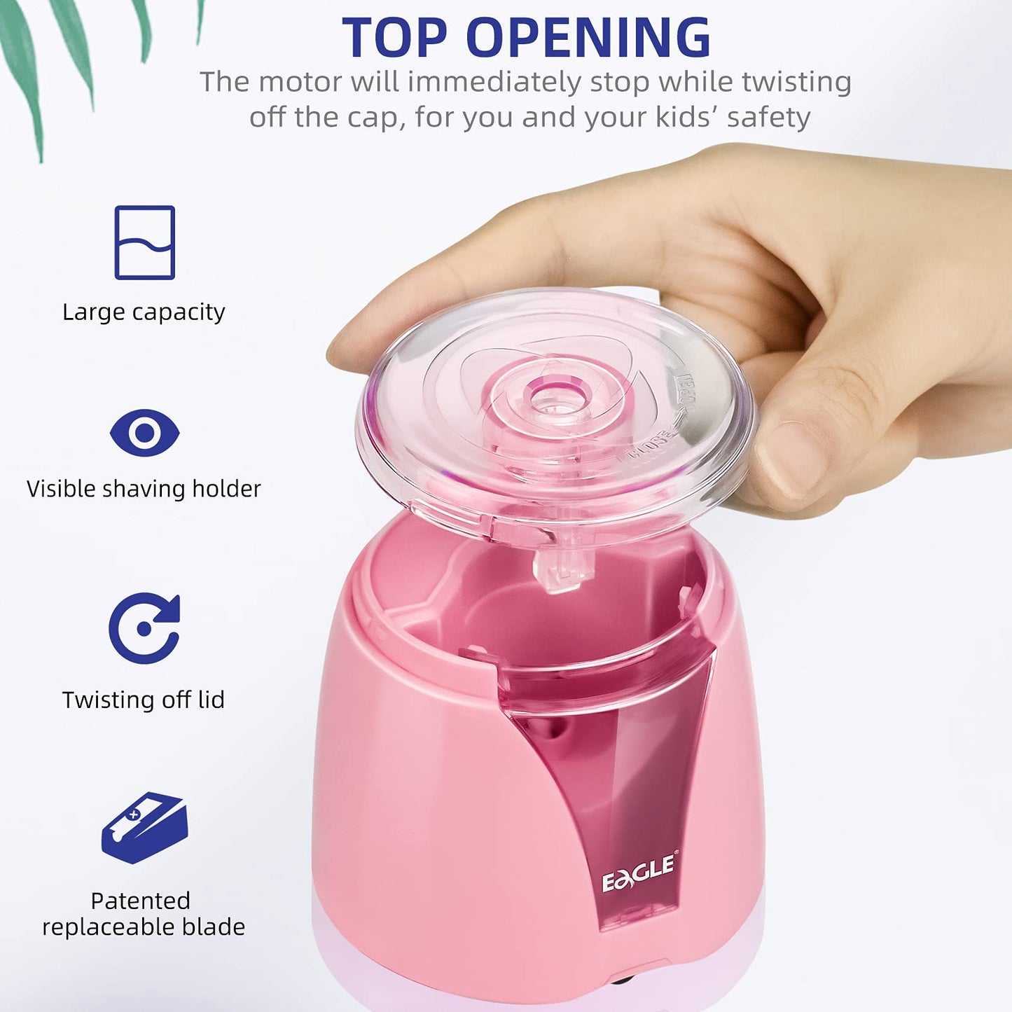 Eagle Electric Pencil Sharpener, Battery Powered, Large Shaving Holders, Carbon Steel Blades, Portable, Reusable and Replaceable Blade, Suitable for Kids, Home, School and Office use (Pink)