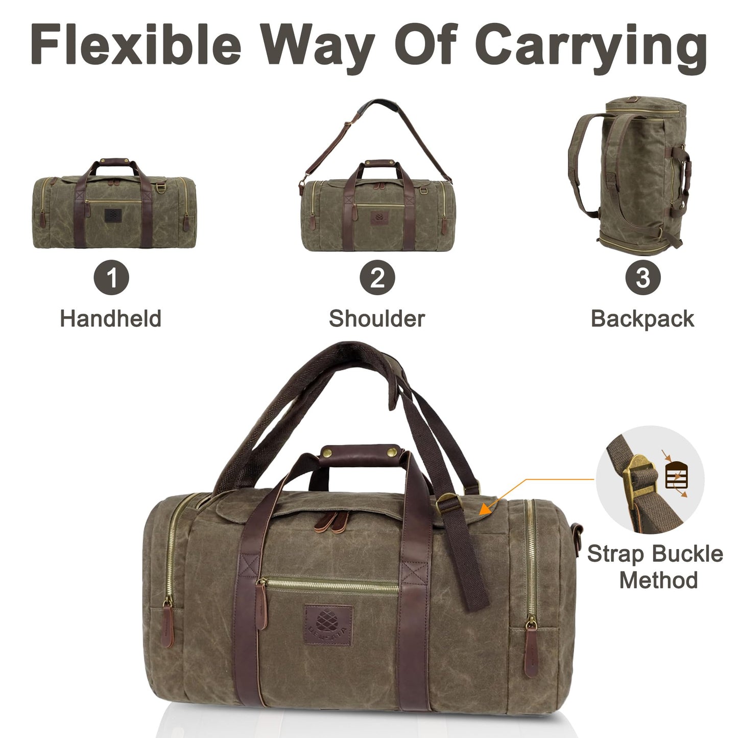 Densata Duffle Bag for Travel, 50L Waxed Canvas Duffle Bag Vintage Travel Bag Overnight Bag with Shoes Compartment Men (Vintage Grey, Large-50L)