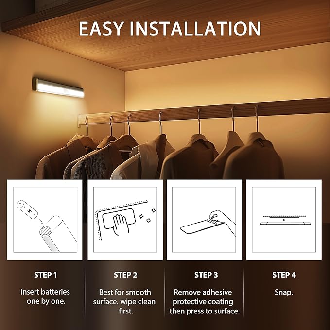 Motion Sensor Closet Lights, 10 LED Motion Sensor Lights, Stick-on Anywhere Battery Operated Night Light Bar, Safe Lights for Closet Cabinet Wardrobe Stairs, 6 Pack