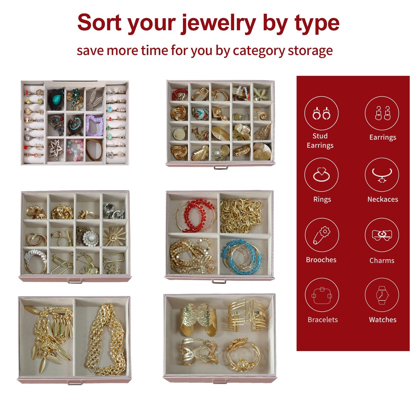 BOOVO Jewelry Box For women, 6 Layer Large Jewelry Organizer With Mirror, Multi-Function Storage Box With Lock, Accessory Holder With 5 Drawers, For Earrings Necklace Ring Bracelet (Rose Gold)