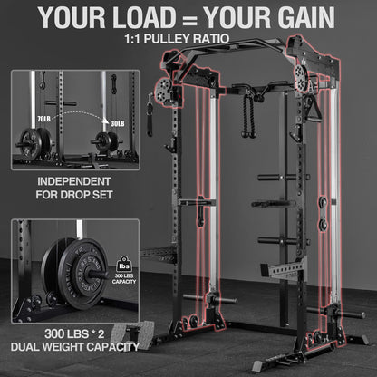 Mikolo Power Cage, 2000LB Power Rack with Independent Dual Pulley System, Multi-Function Home Gym Workout Machine for Cable Crossover (Black 001)