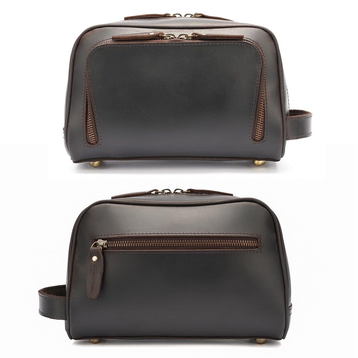 Polare Vintage Full Grain Leather Handmade Travel Toiletry Bag for Men - Dopp Kit - Shaving Kit with YKK Metal Zippers A-Dark Brown