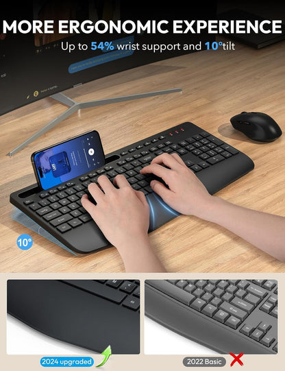 Wireless Keyboard and Mouse Combo, 2.4G Lag-Free Keyboard Set with Ergonomic Wrist Rest, Phone Holder, Silent Keyboard Cordless Set for Computer, Batteries Included, Laptop, PC, Mac, Windows -SABLUTE