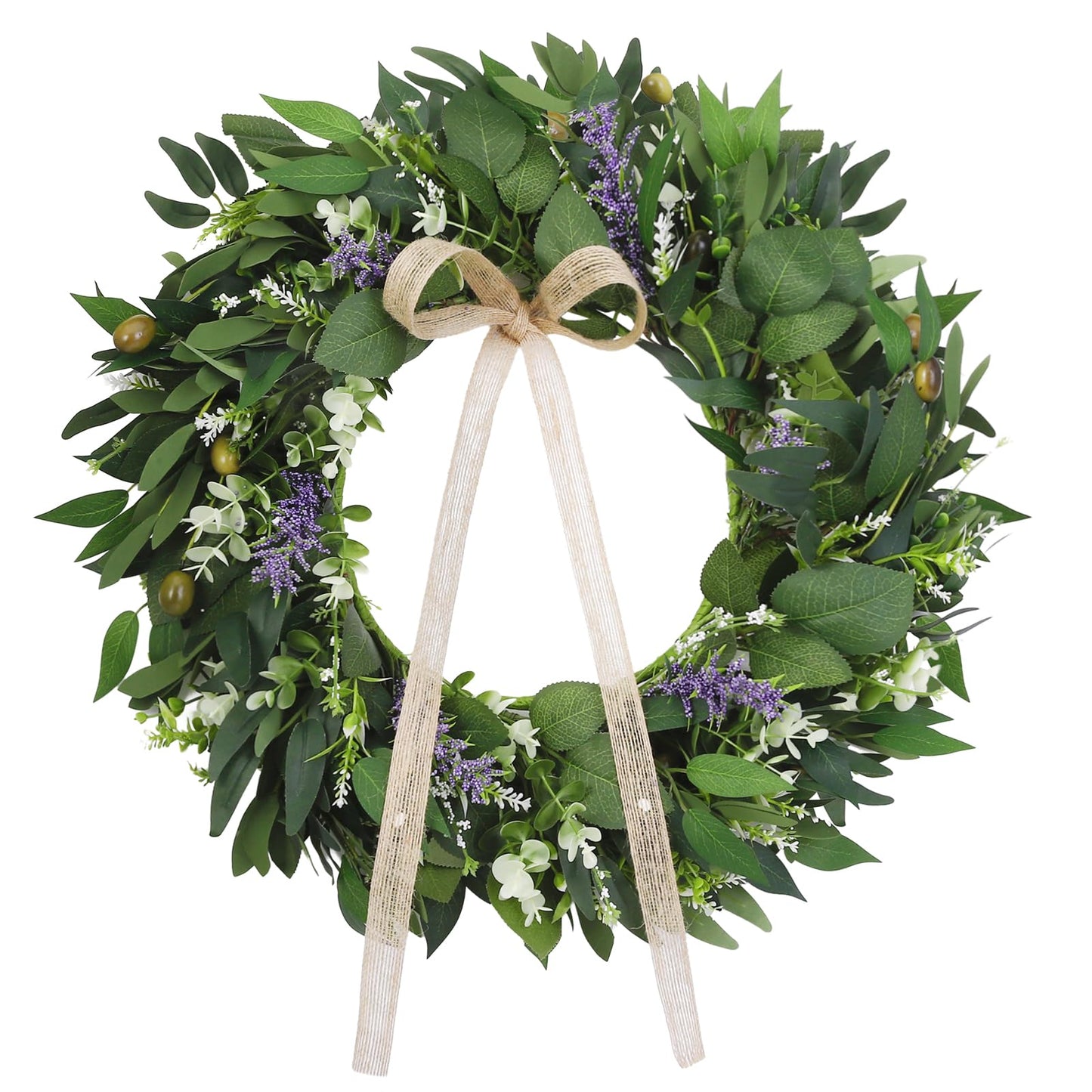 Ovveroche 22Inch Summer Eucalyptus Wreath for Front Door Greenery Wreath Door with Olive Boxwood Leaves Bow for Spring Summer All Season Outdoor Home Decor