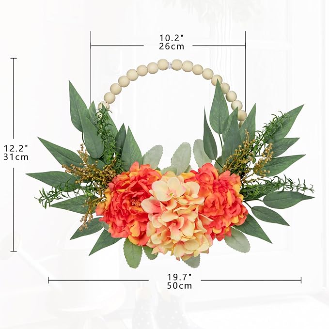 Spring Wreath 10" Artificial Floral Wood Bead Eucalyptus Leaves Peony Hydrangea Wreath for Front Door Boho Farmhouse Wall Decor 2 Pack - Orange