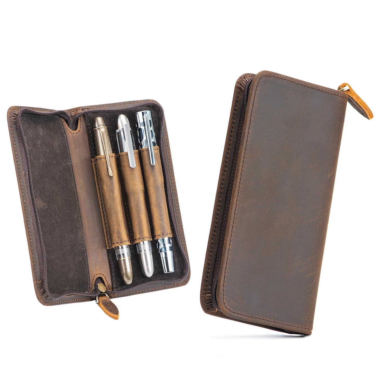 Asvine Fountain Pen Case 3 Divided Slots Crazy Horse Leather Pen Holder, Handmade Display Zippered Pouch for Rollerball Pen-Retro