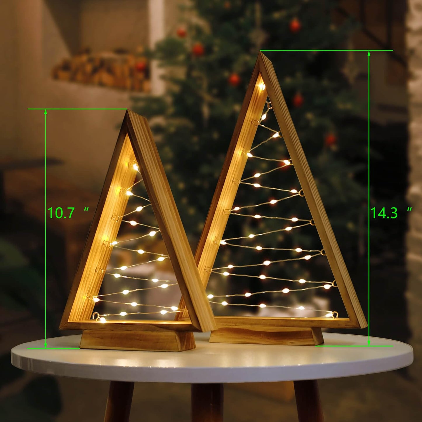 Leejec LED Wooden Christmas Tree Light, Modern Farmhouse Tabletop Christmas Décor, Table Fireplace Mantle Shelf Decorations, Set of 2 (14.3" and 10.7" Tall)