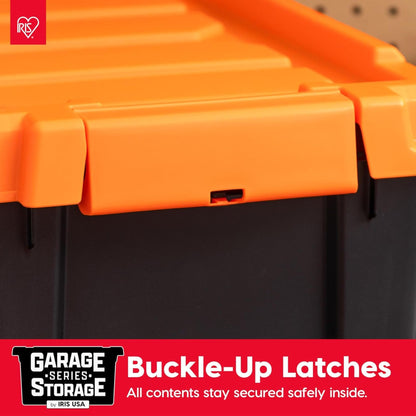 IRIS USA 12 Gallon Lockable Storage Bins with Lids, 2 Pack - Made in USA, Heavy Duty, Stackable Containers, Garage Organizing Bins Moving Tubs, Rugged Sturdy Equipment Utility Box - Black/Orange