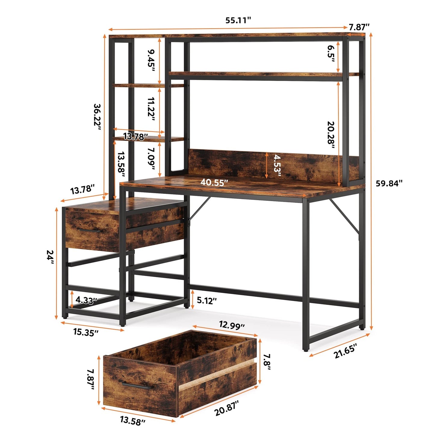 Tribesigns 55 Inch Computer Desk with 2 Drawers and Storage Shelves, Rustic Office Desk with Hutch, Study Writing Gaming Table Laptop Workstation for Home Office (Brown)