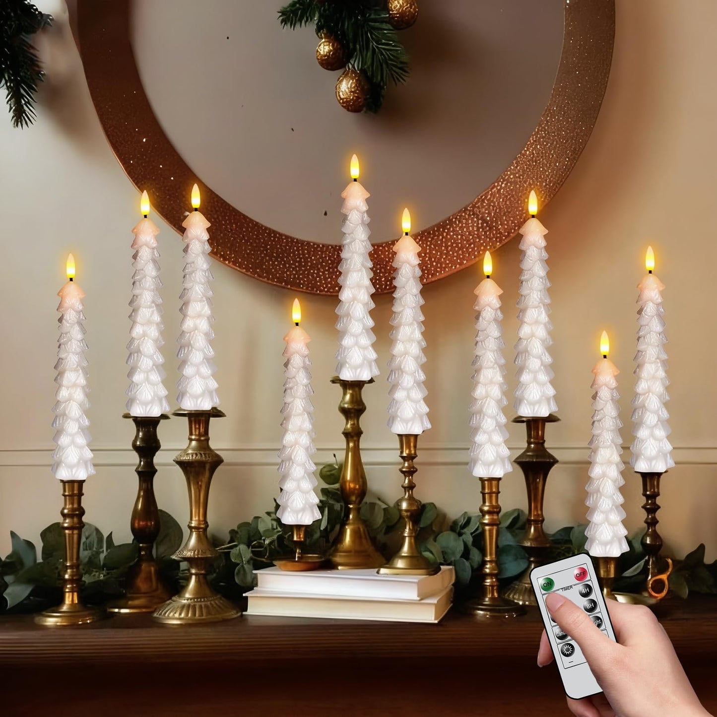 GenSwin Christmas Tree Flameless Candles with Remote Timer, White Christmas Tree LED Taper Candles with 3D Flickering Flame, 4 Pcs LED Candlesticks for Christmas Winter Home Decoration(0.78” x 9.8”)