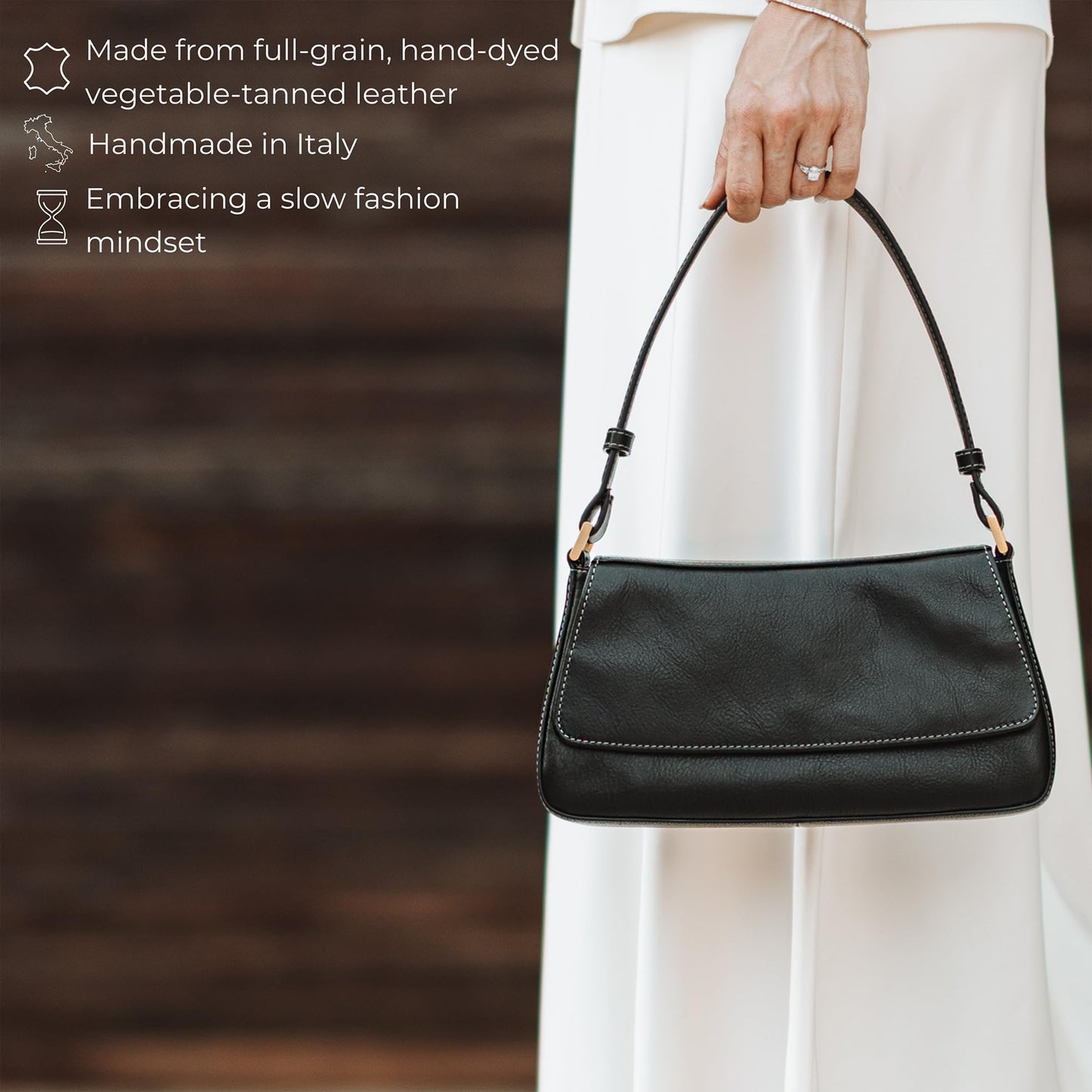 Time Resistance Leather Handbag - Full-Grain Leather Purse for Women - Shoulder Bag Made in Italy (Black)