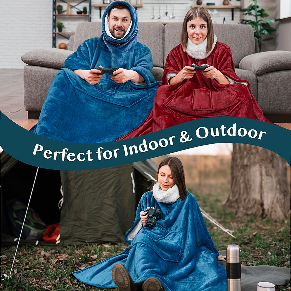 PAVILIA Sherpa Wearable Blanket Poncho for Women Men, Oversized Hoodie Sweatshirt Poncho Blanket, Hooded Sweater Wrap Cape Neck Warmer, Fleece Soft Hug Sleep Pod Adult, Cozy Warm Gift Ideas, Teal Blue