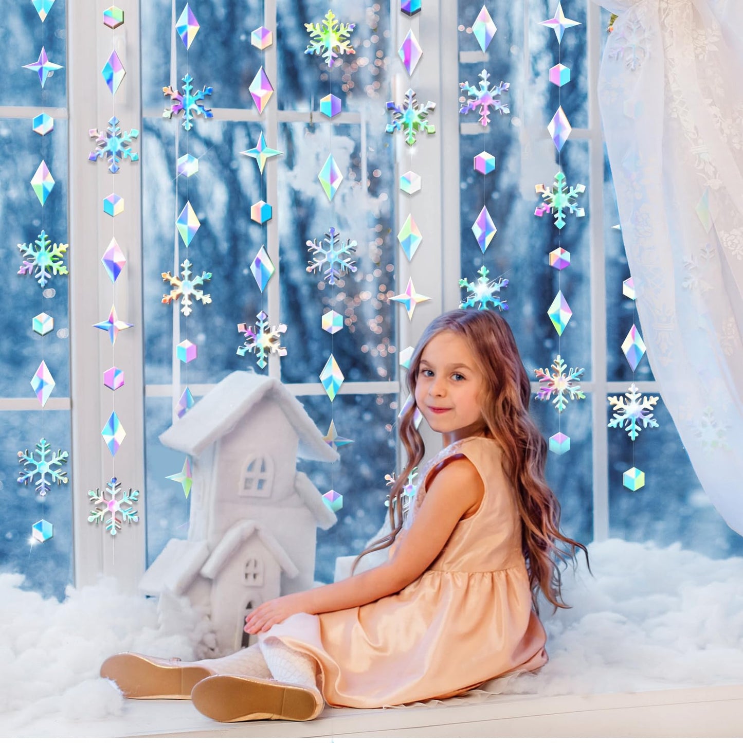 ReliThick Iridescent Snowflake Garland - Winter Decorations 46 ft Holographic Paper Snowflakes Hanging Streamer Snow Flake Banner Backdrop for Birthday Party Winter Christmas Decor